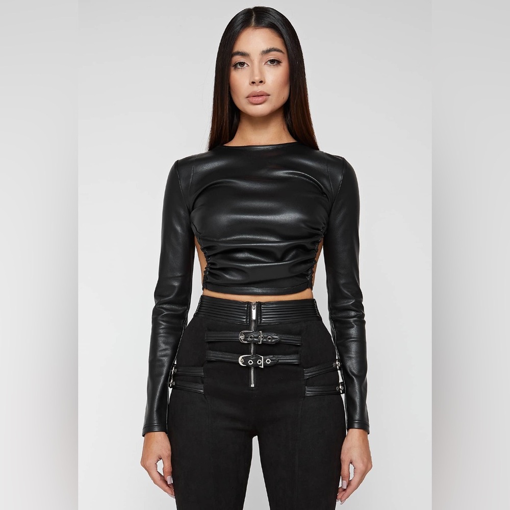 Maniere De Voir Black Faux Leather Crop Top